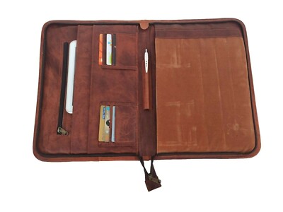Vintage Leather Portfolio Padfolio A4 Case Business Organizer Notepad Zipper Bag