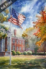 Flag waving by famous American college watercolor Art 4x6 Print