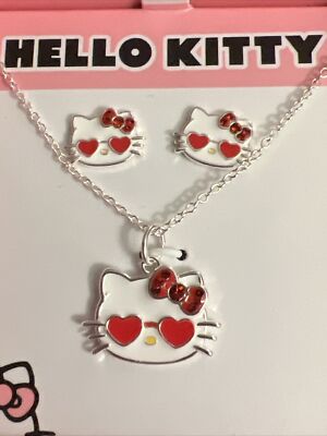 Hello Kitty Jewelry SET Rare Pendant and Stud Earrings NEW Sanrio Red Sunglasses