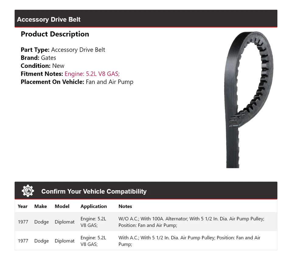 For 1977 Dodge Diplomat 5.2L V8 GAS Accessory Drive Belt Fan and Air Pump Gates - Image 2 of 4