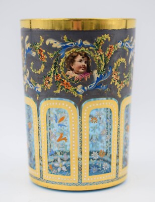Museum Quality Moser hand Painted Tumbler w/Gold Gilt, Cherubs & Flowers, C1900