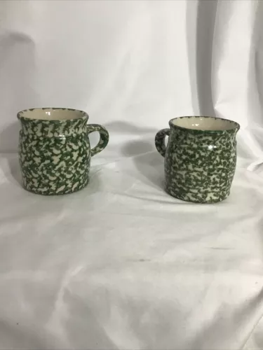 Vtg Roseville Spongeware Pottery Mugs Rare Blue & Green Workshop Of Gerald Henn