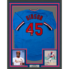 Framed Facsimile Autographed Bob Gibson 33x42 Blue Reprint Laser Auto Jersey
