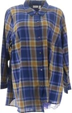 LOGO Lori Goldstein Woven Plaid Button Shirt Lace Blue Violet XS NWOT (643)