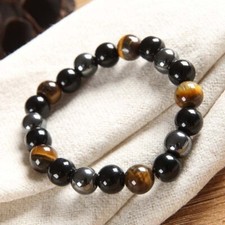 Triple Protection 10mm Tiger Eye Obsidian Hematite Healing Stretch Bracelet Gift