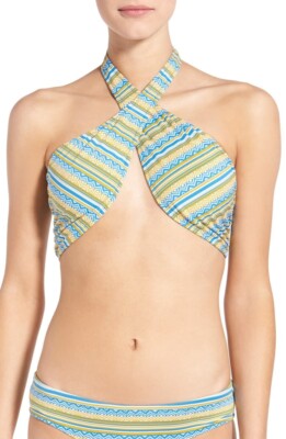 VOLCOM 154622 Women's 'PLH' Geo Print Halter Bikini Top Bright Blue Sz. Medium