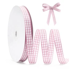 Pink Gingham Ribbon, 3/8 Inch x 25 Yards, Pink, White Buffalo Plaid, Craft