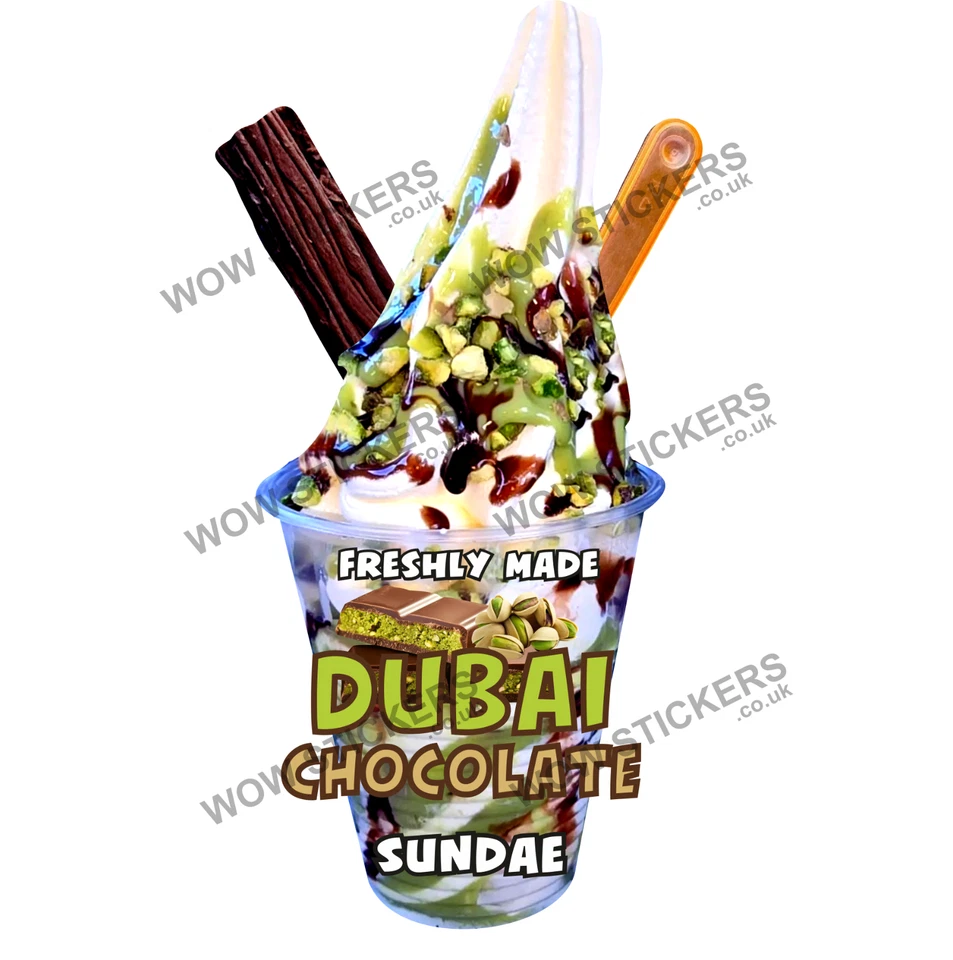 WOW Dubai Chocolate Pistachio D Ice Cream Sundae Sticker KBG Whippy Van(Choose Size)