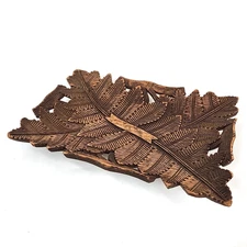 Antique Black Forest Hand Carved Wood Tray Bowl Fern Leaves Detailed Rectangle