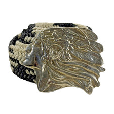 Silver Tone Indian Chief Head Belt Buckle With Tipped Web Belt 42  Black White