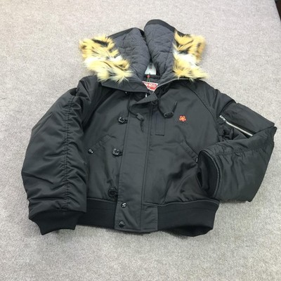 Kenzo Jacket Mens Small Black Short Parka Fur Hood Removable Quilted Insulated