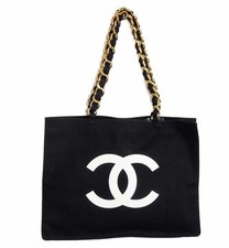 Chanel Coco Mark Canvas Black Gold Chain Tote Used