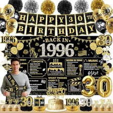 30th Birthday Decorations for Men Women Black Gold, 63PCS Pre-Strung Happy Bi...