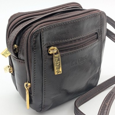La Diva Leather Crossbody Bag Brown Small Purse 6x6x3 Multi Pocket