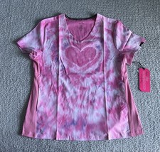 Koi Lite Scrub Top Women  s Sz Large Pink Reform Tie Dye Hearts Stretch Nursing