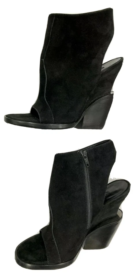 Theyskens’ Theory Negro Gamuza Tacón en Niveles Puntera Abierta Zapatos Botines Talla 37 Italia Foto 4 de 4