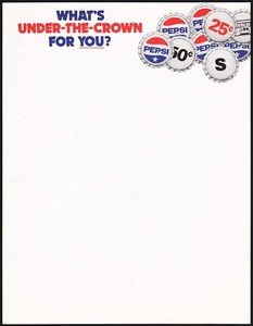 Vintage letterhead PEPSI bottle caps Whats Under the Crown For You unused n-mint