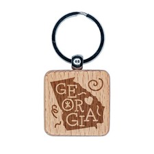 Georgia State with Text Swirls Engraved Wood Square Keychain Tag Charm