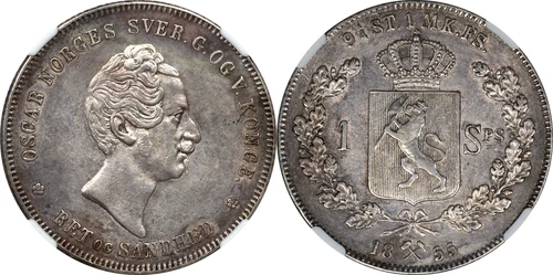 Norway 1855 Oscar I Silver Speciedaler NGC AU-55