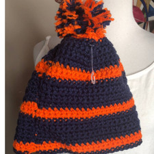 Blue Orange Beanie Cap Stretch Cable Knit Pom Pom Hat