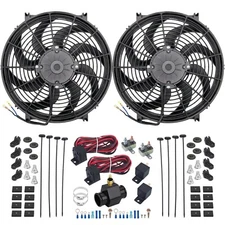 DUAL 14 INCH 180W ELECTRIC FAN 32MM RADIATOR HOSE ADAPTER TEMP SWITCH WIRING KIT