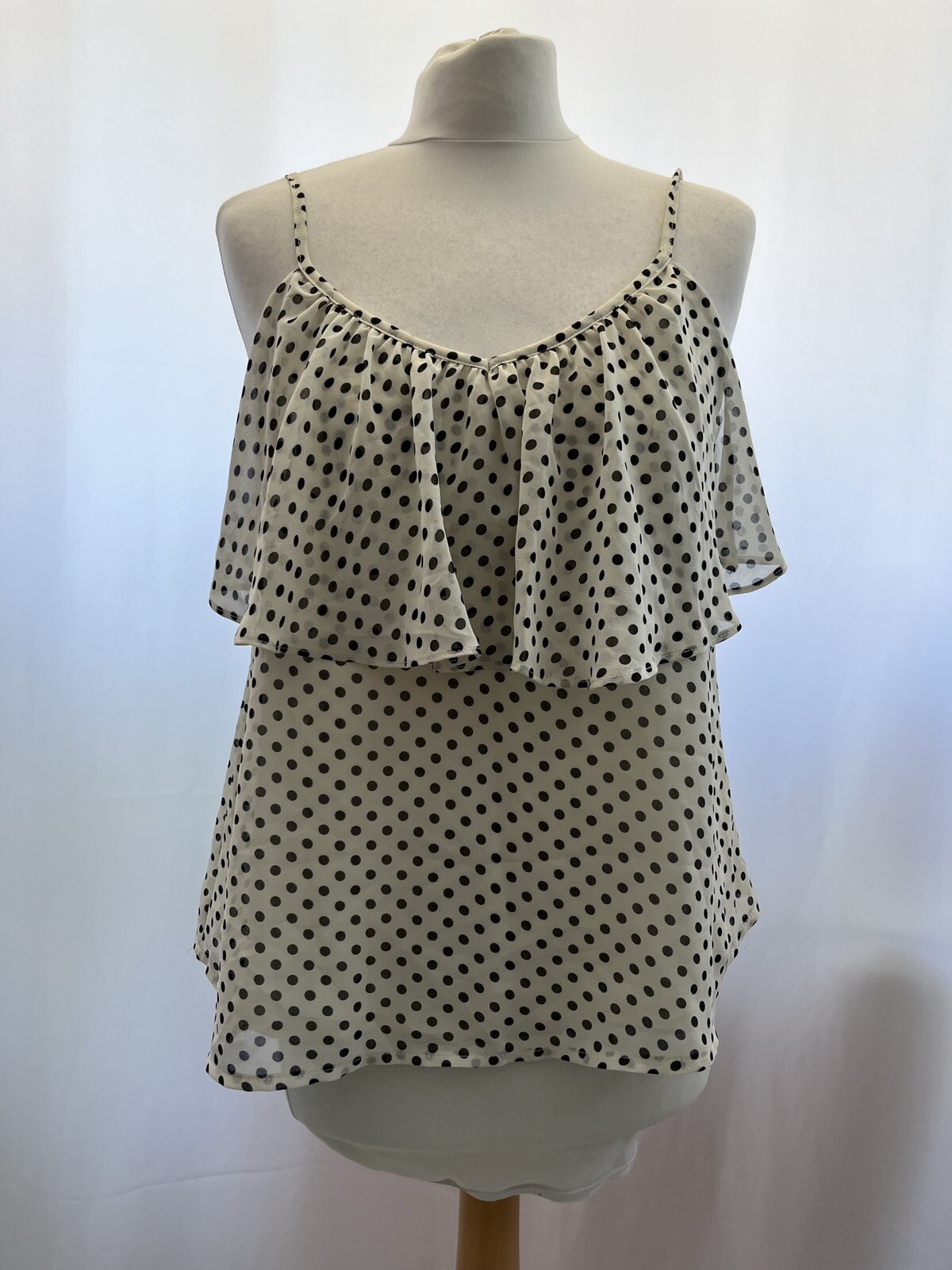 New Look White Polka Dot Frill Sleeveless Viscose Blouse Size 8