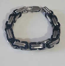 Stainless Steel  10mm Black & Silver Plated Byzantine Box Link Chain 8" Bracelet