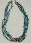 Turquoise-Coral-Sterling Bib-Necklace Choker Hippie Boho Retro-1970’s