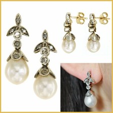 Boucles d'Oreilles en OR Jaune 14 k 585 PERLES de Culture et DIAMANT Pendantes