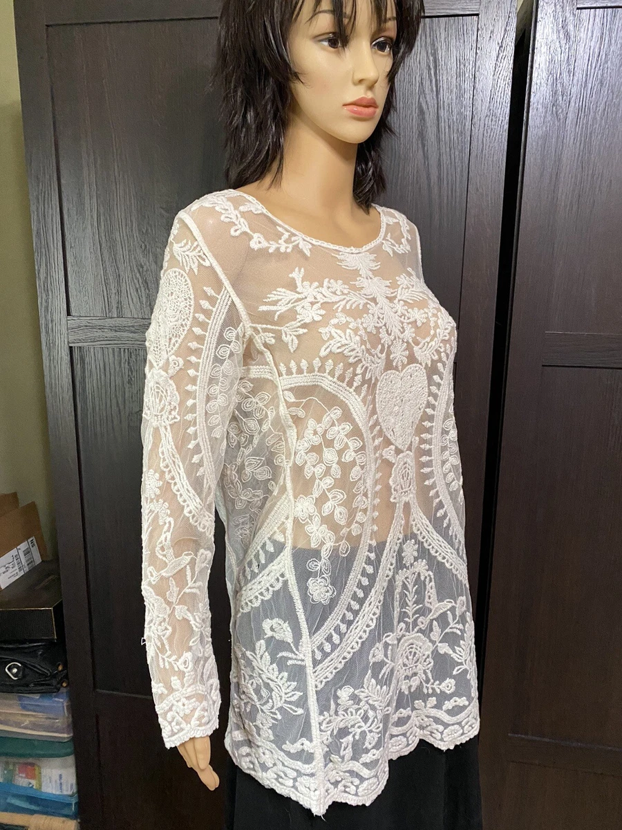 Phase 1 Ivory Lace Tunic Length Long Sleeve Sheer Top tiny defect vintage