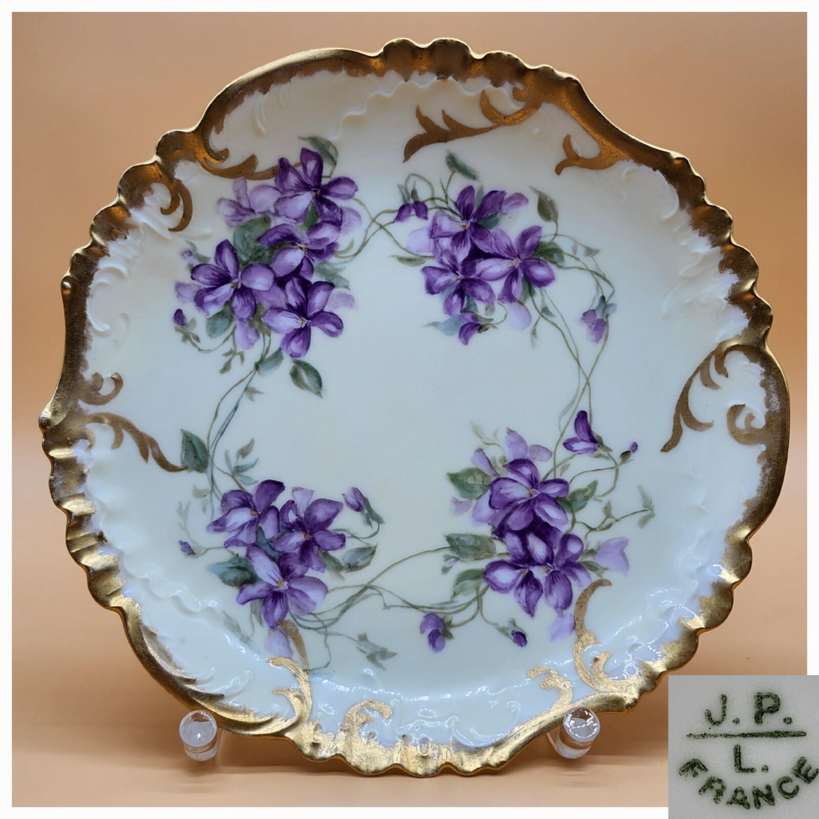 Vintage Jean Pouyat Limoges J.P. L. France Violet Flower Hand Painted Plate
