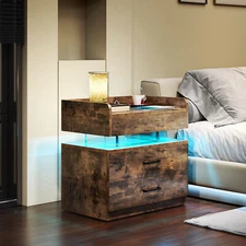RGB LED Nightstand with Charging Station Vintage Night Stand End Side Table
