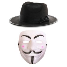 COSTUME HALLOWEEN UOMO ANONIMO VESTITO FANTASIA MASCHERA E CAPPELLO HACKER RAGAZZO FAWKES