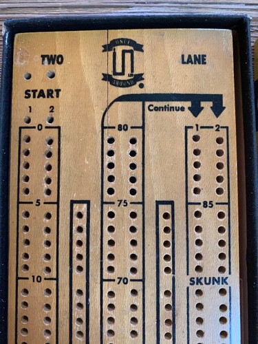 Vintage Pleasantime Four Track Walnut Wood CRIBBAGE BOARD w/ some Pegs. - Picture 4 of 7