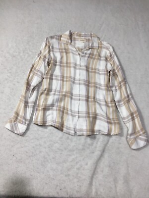 Thread & Supply Button-Up Shirt Womens S White Beige Plaid Long Sleeve Collared