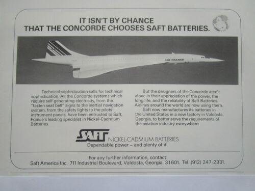 5/1976 PUB SAFT NICKEL CADMIUM BATTERIES CONCORDE AIR FRANCE ORIGINAL AD - Zdjęcie 1 z 1