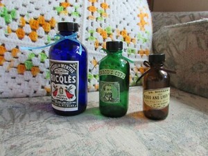 Small Blue, Green, and Brown Decorative Bottles w/ Stickers and Ribbons