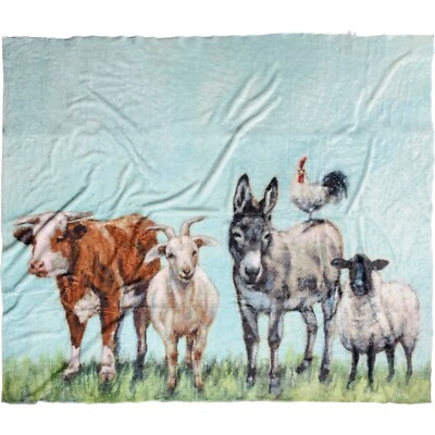 Farm Family Throw Blanket 60'' x 50'' Cow, Goat, Donkey, Rooster, Lamb NWT