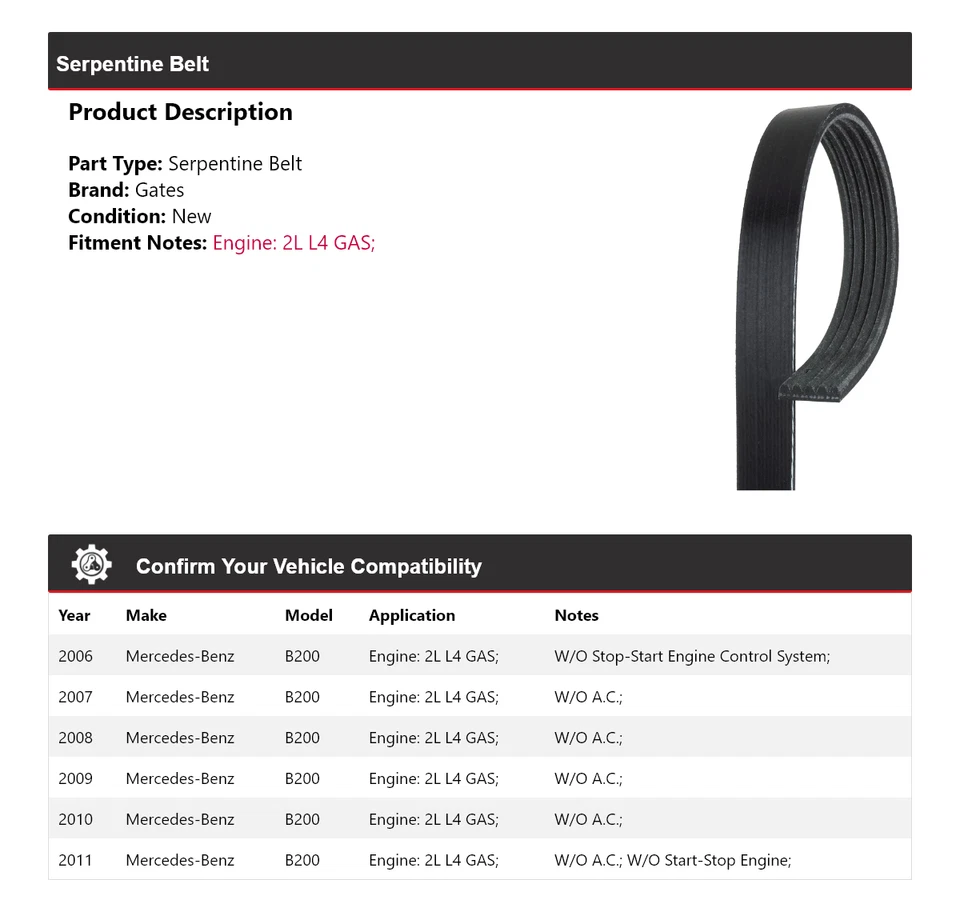 For 2006-2011 Mercedes-Benz B200 2L L4 GAS Serpentine Belt Gates 2007 2008 2009 - Image 2 of 4