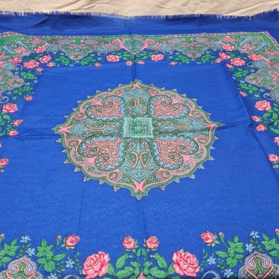 Unbranded Square Scarf Women OS Blue Floral Paisley Russian Folk Babushka Style