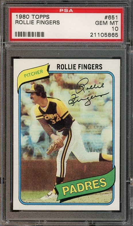 1980 Topps #651 Rollie Fingers GEM-MT PSA 10 San Diego Padres 5865