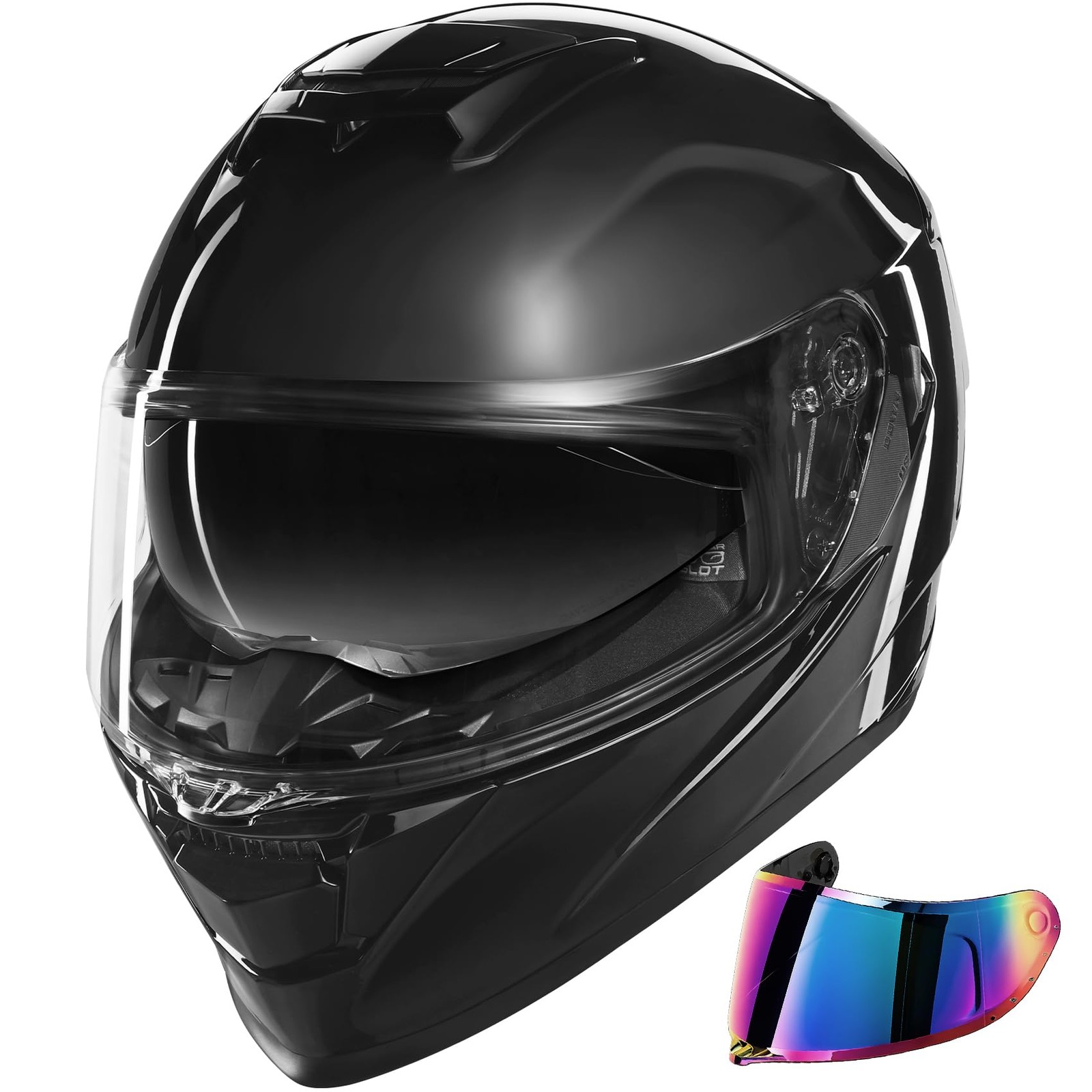Full Face Helmet w Dual Visor Sunshield ECE DOT Approved Gloss Black Large