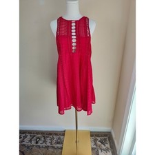 Free People Red Sleeveless Embroidered + Crochet Boho Dress Tunic Size 10