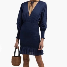 Rhode Anya Shirred Dress 8 S New Long Sleeve Mini Tie V Neck Cotton Blue £380