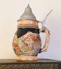 Vintage German Beer Stein Pewter Lid Tankard Ceramic Lidded Mug Barware Gift