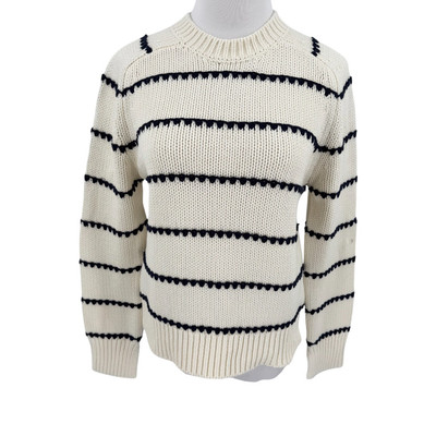 Madewell Womens Textured Cotton Crewneck Sweater in Ivory Navy Stripe Small S