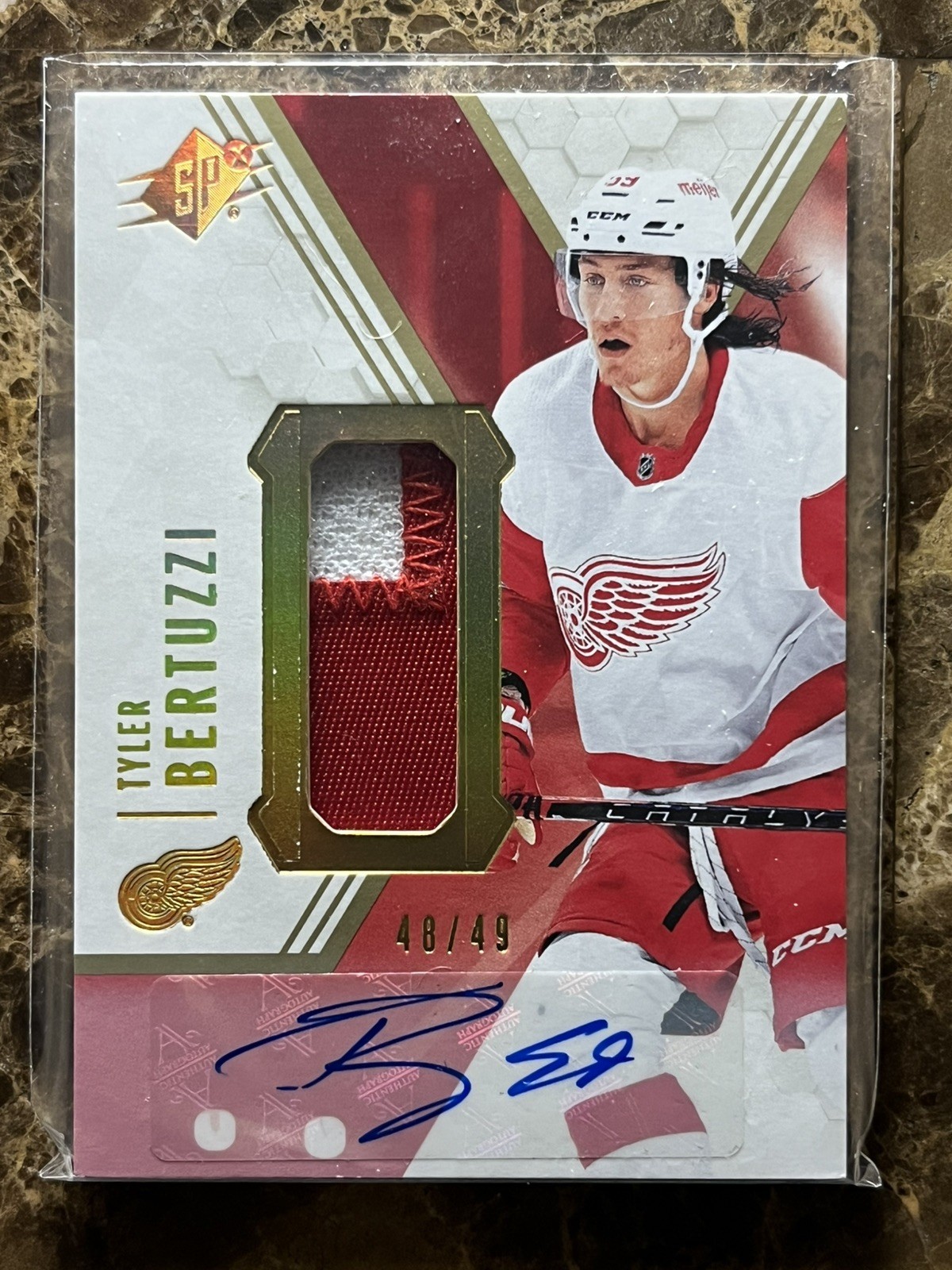 Tyler Bertuzzi 2021 Upper Deck SPx Auto Patch Card #59 48/49 Red Wings