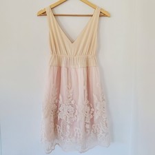 PINKY Sz S Light Cream Lace Mesh Dress Embroidered Babydoll Fairy Punk Whimsy