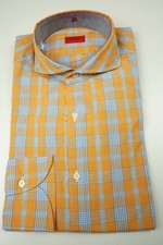 Isaia Tangerine Sky Blue Plaid Long Sleeve Cotton Dress Shirt 15.5/39 NEW