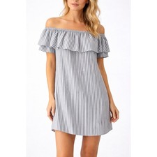 BeachLunchLounge Off Shoulder Dress M Blue White Stripe Ruffle Tunic Boho
